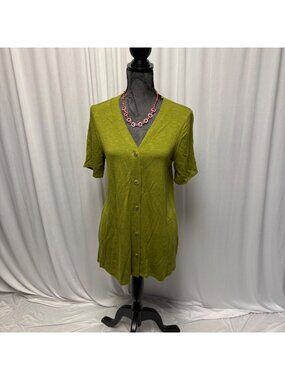 Susan Graver Weekend Top Womens Small Green Button Front Short Sleeve Knit